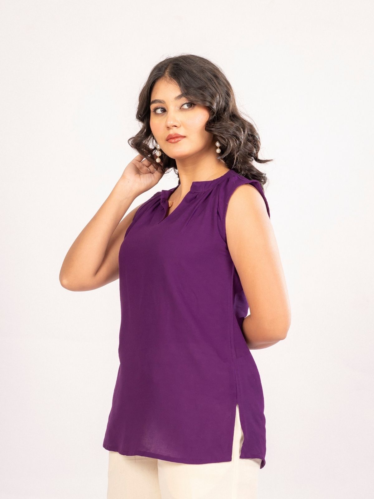 Mehndi & Purple Viscose Gathered Neckline Tops Combo