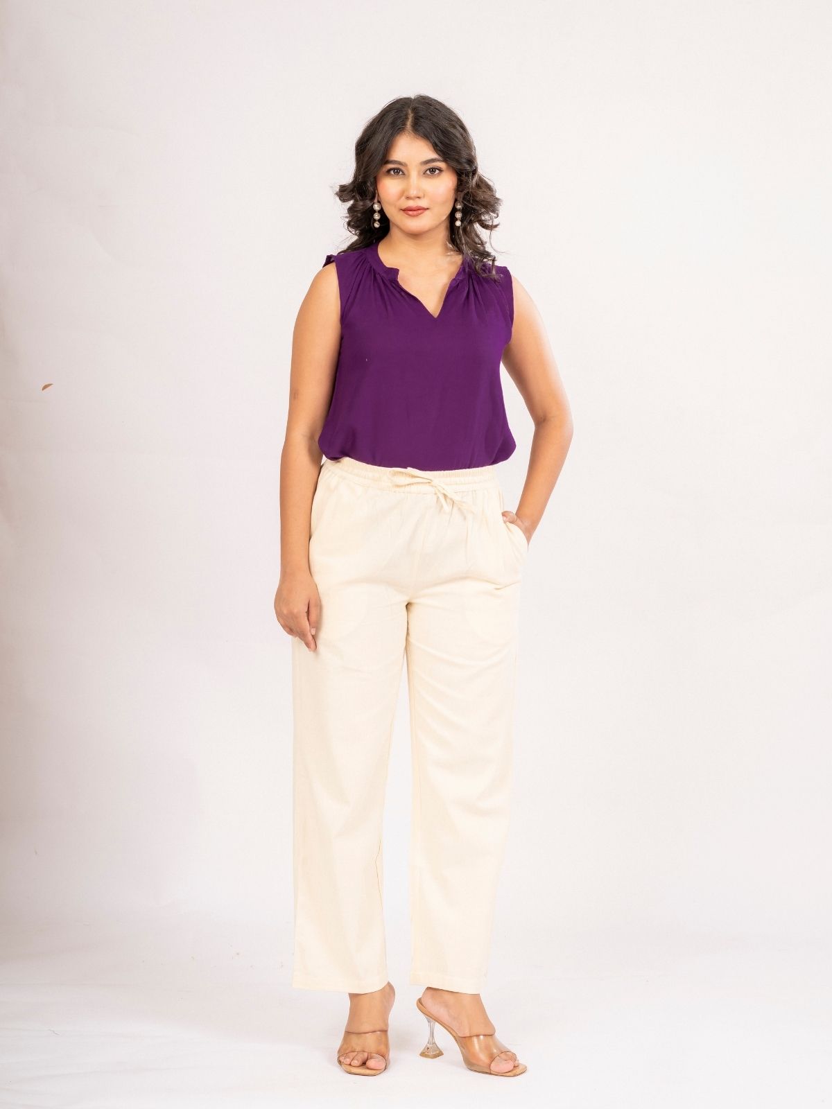 Purple Viscose Gathered Neckline Tops