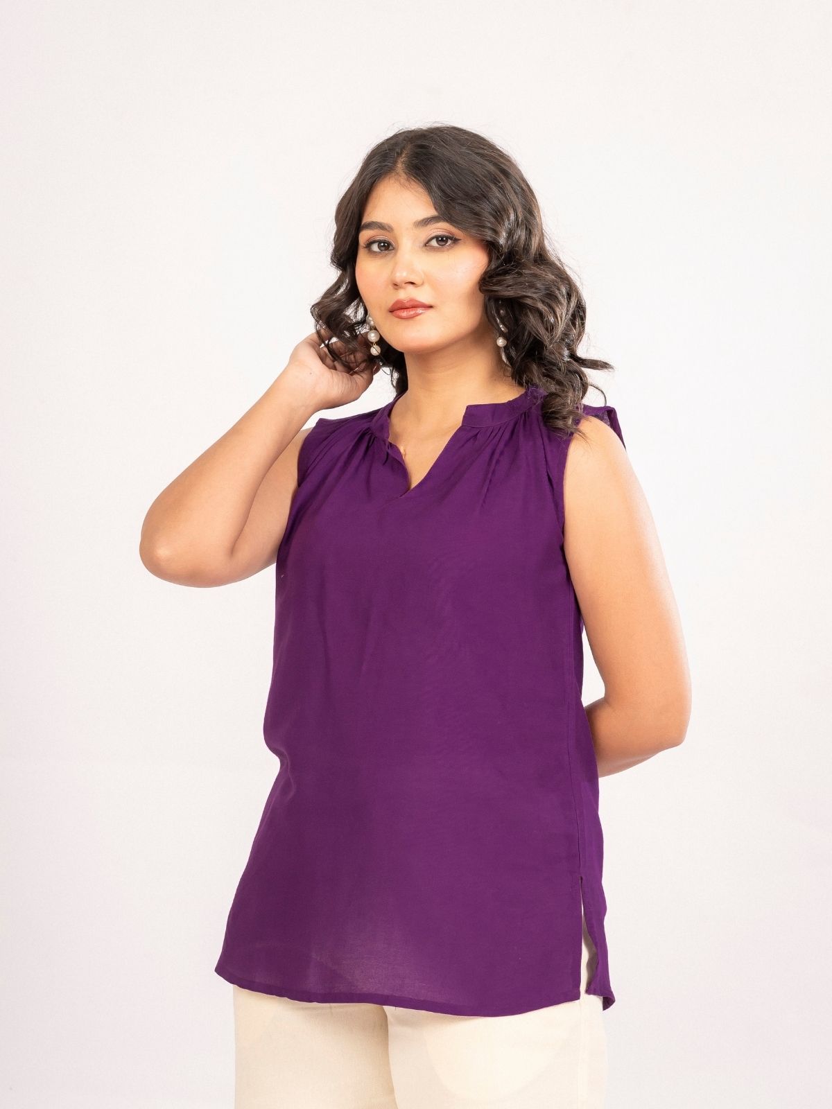 Purple Viscose Gathered Neckline Tops
