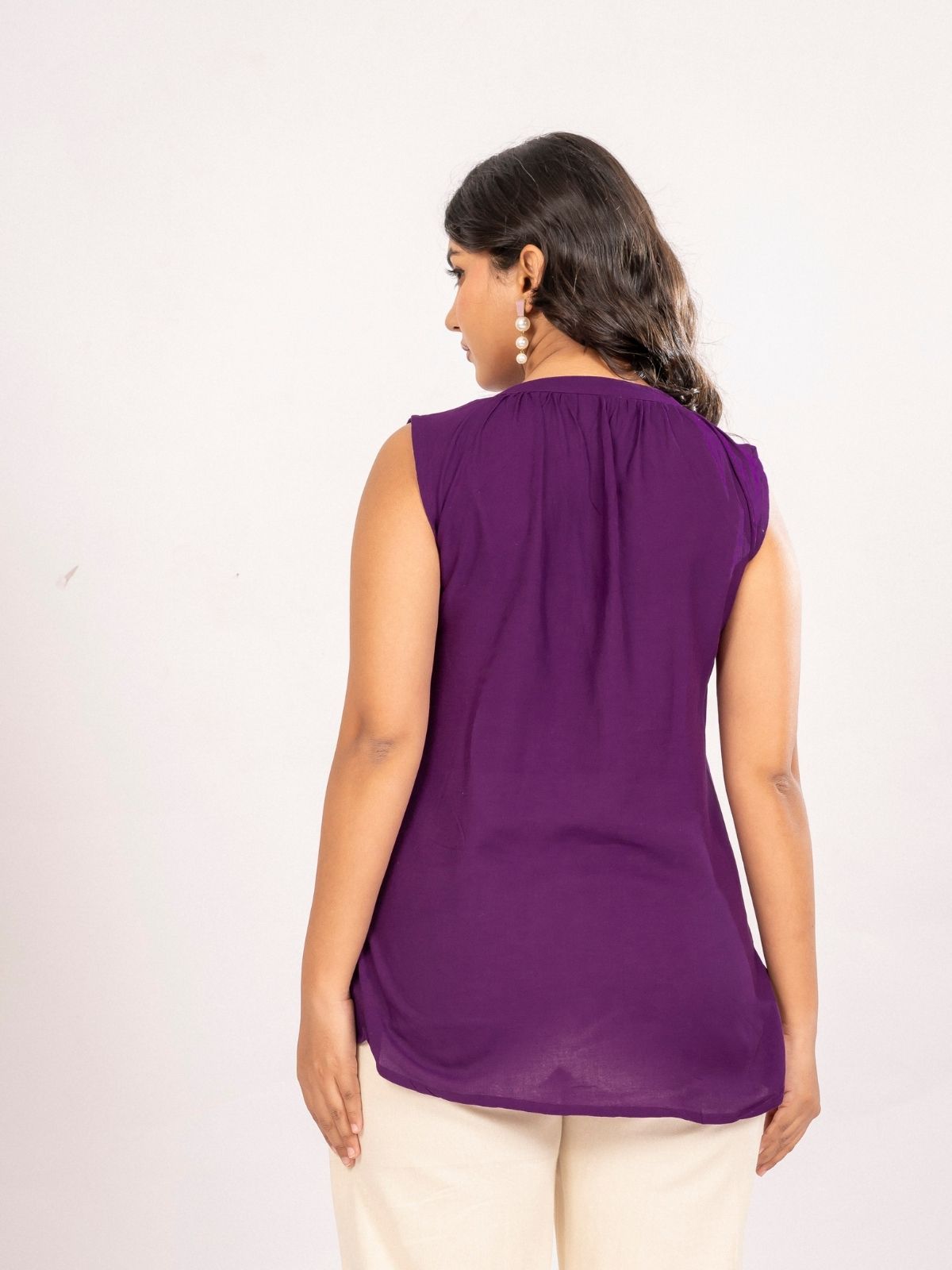 Purple Viscose Gathered Neckline Tops