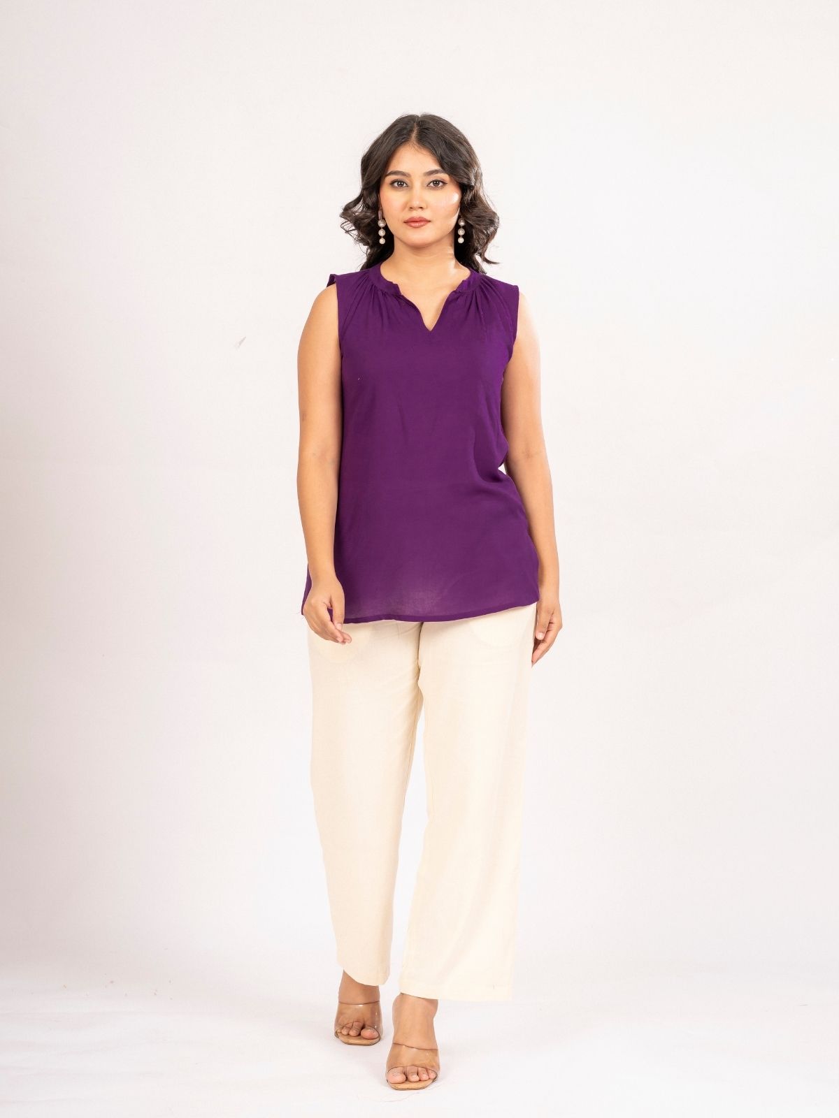 Purple Viscose Gathered Neckline Tops
