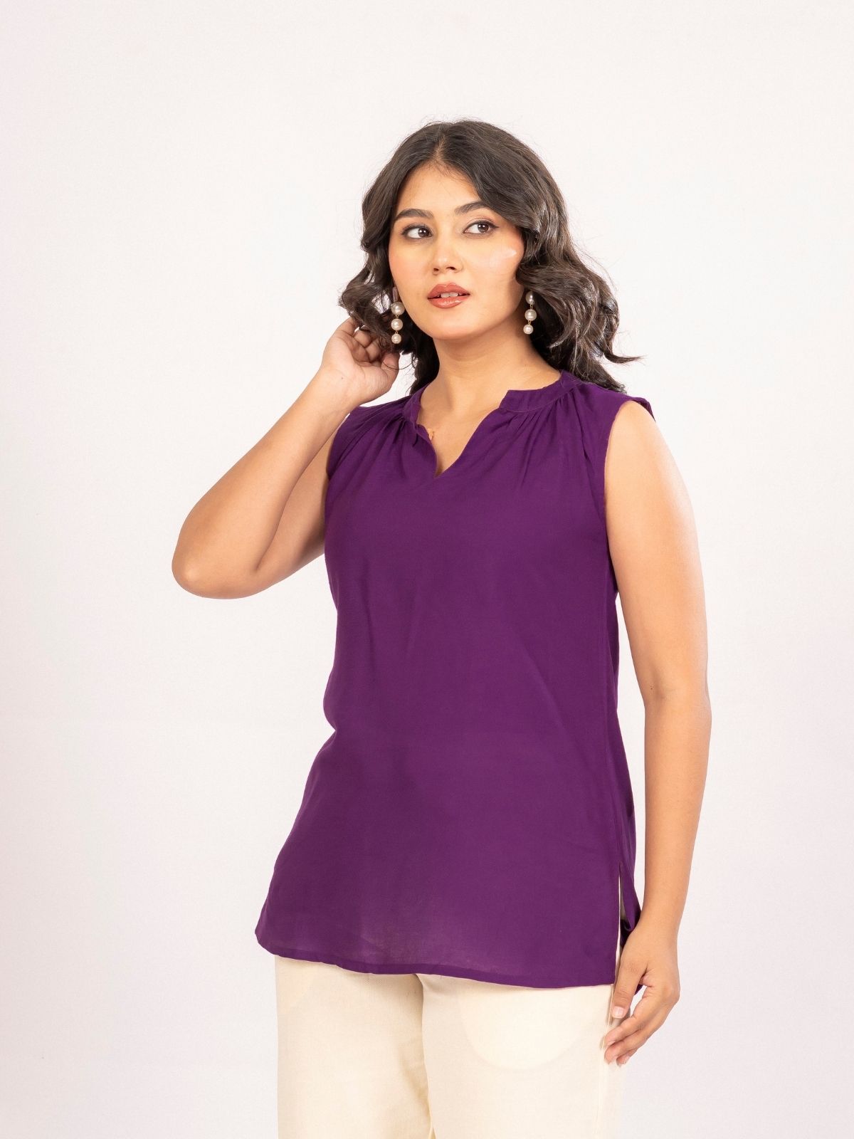 Purple Viscose Gathered Neckline Tops