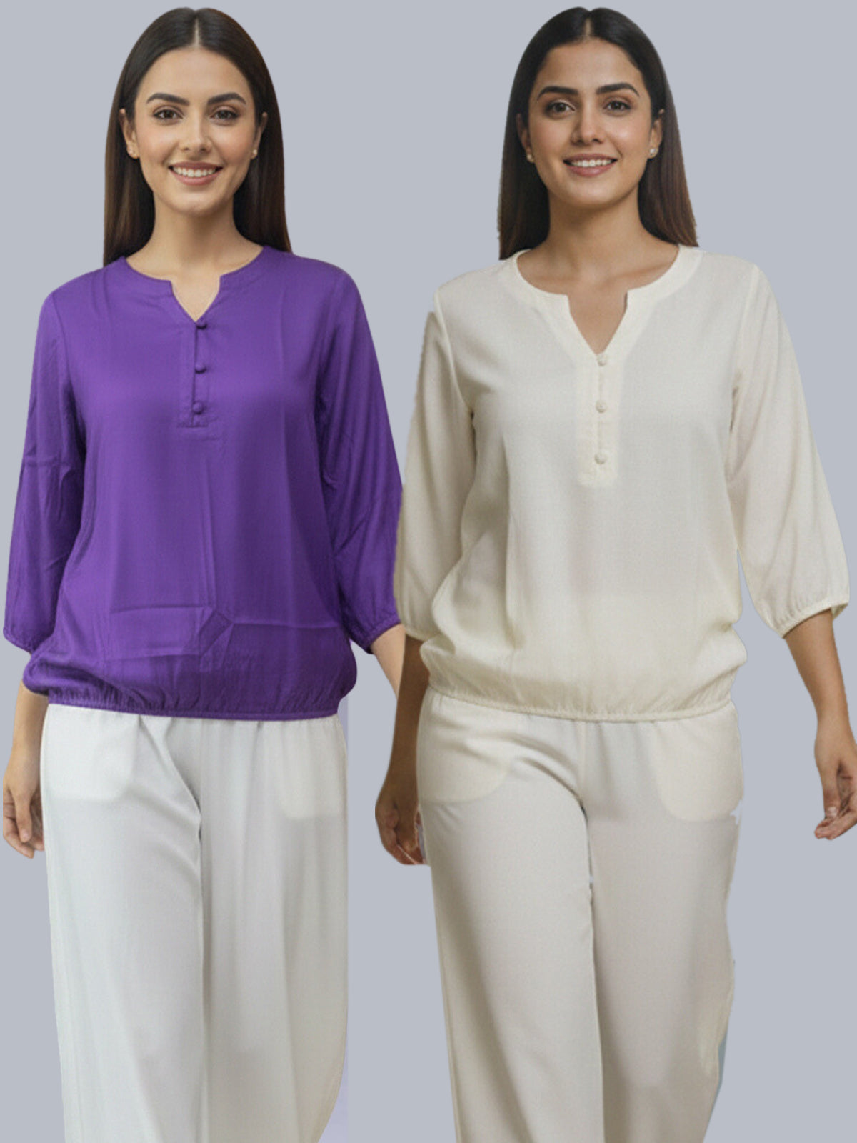Pack Of 2 Purple and Cream Viscose Waist-Fit Tops