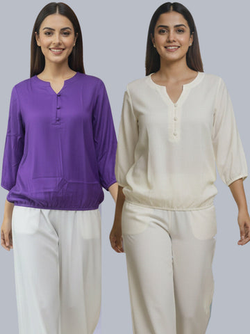 Pack Of 2 Purple and Cream Viscose Waist-Fit Tops