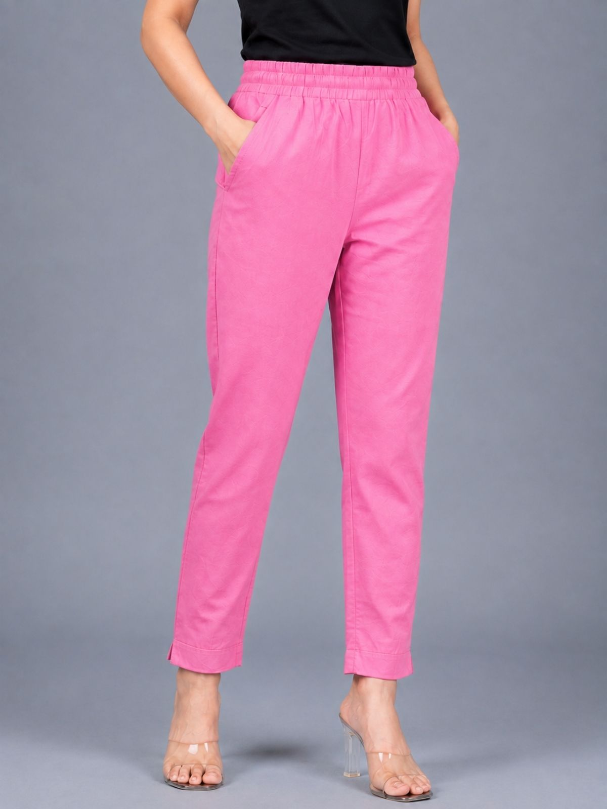 Beige & Pink Regular Fit Elastic Cotton Trouser Combo