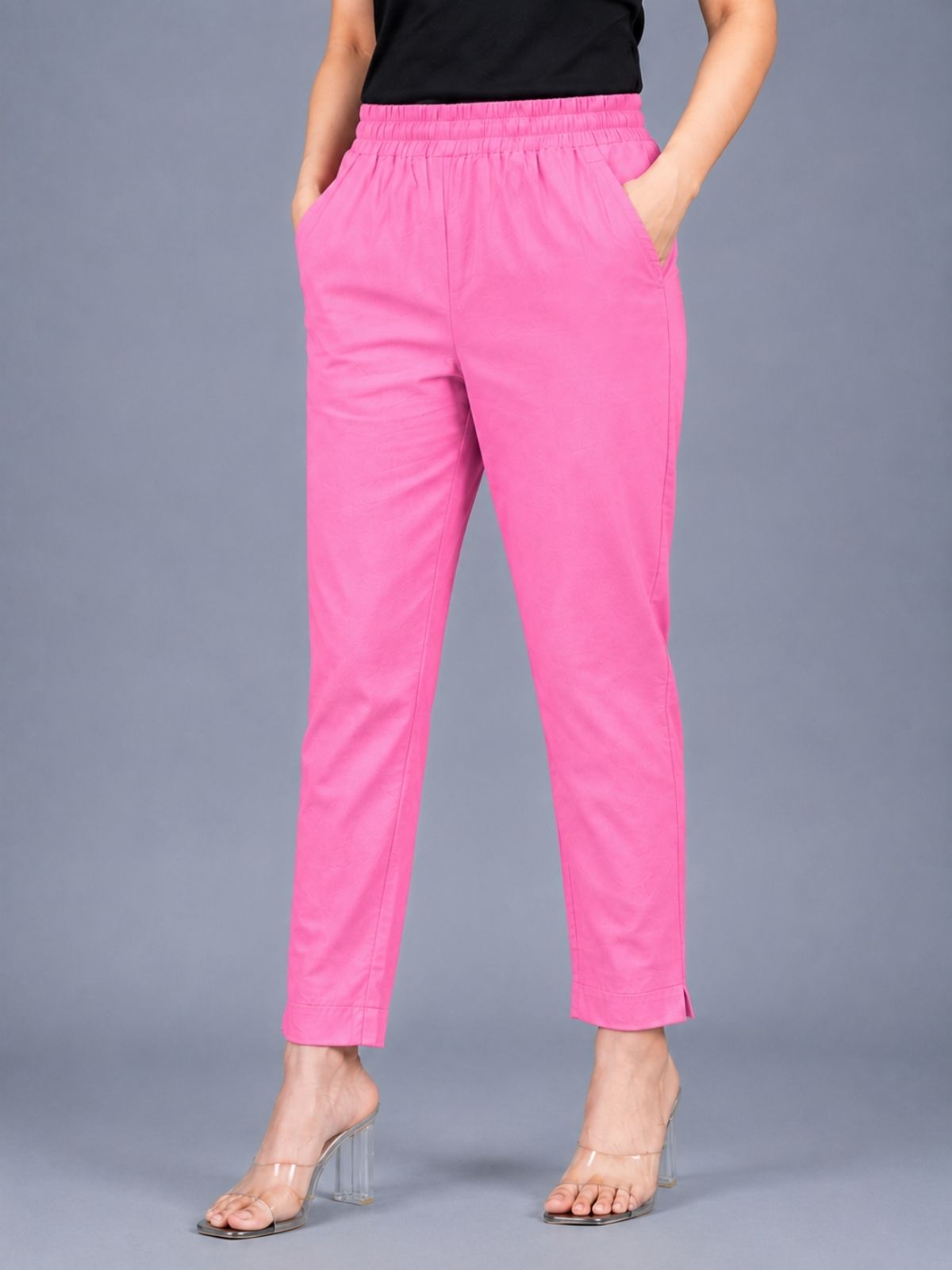 Beige & Pink Regular Fit Elastic Cotton Trouser Combo