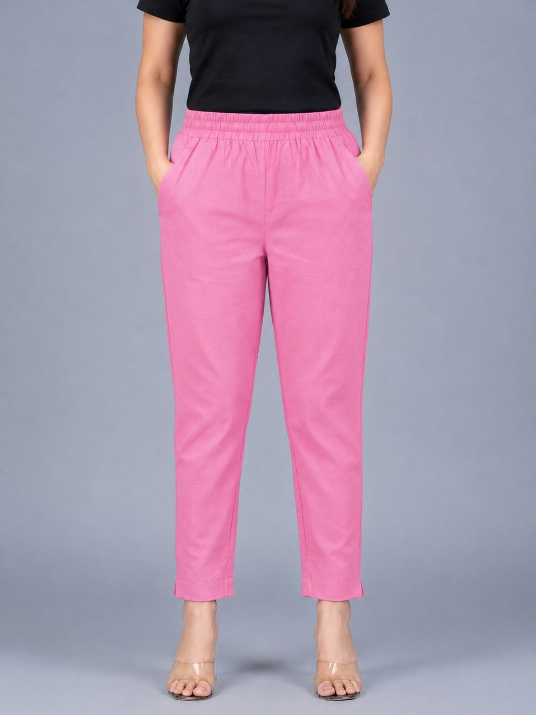 Pink & Tealblue Regular Fit Elastic Cotton Trouser Combo