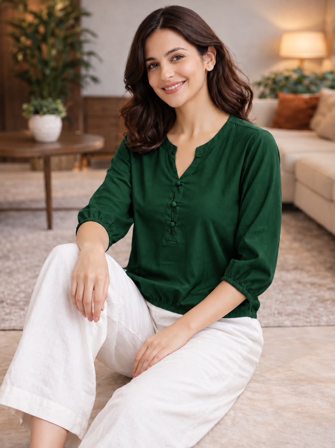 Bottle Green Viscose Elastic Waist Tops