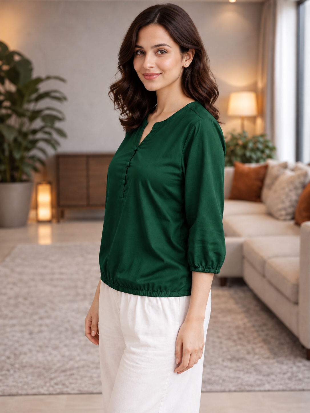 Bottle Green Viscose Elastic Waist Tops