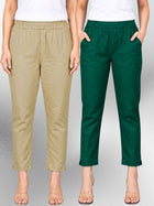Beige & Bottle Green Regular Fit Elastic Cotton Trouser Combo