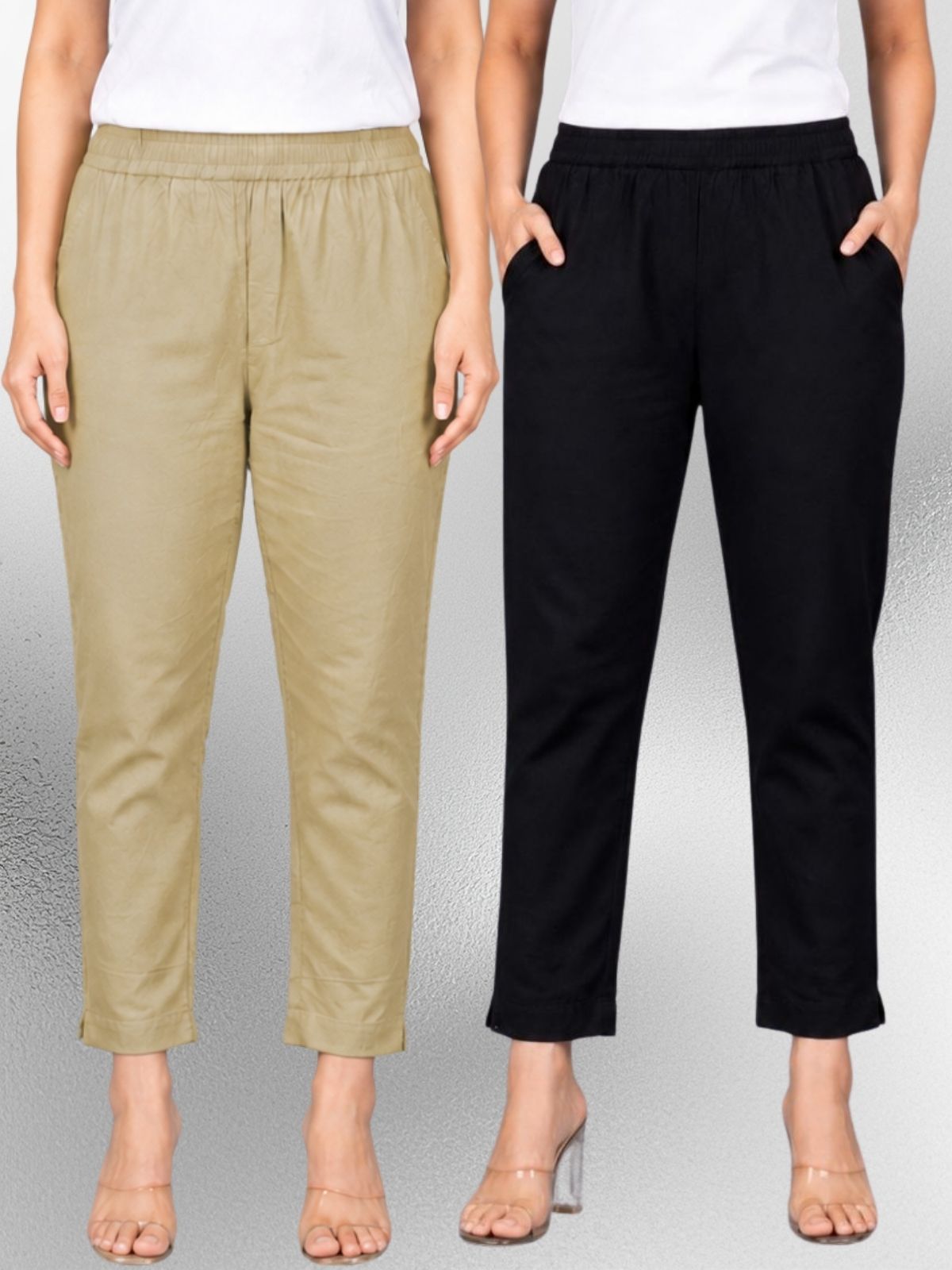 Beige & Black Regular Fit Elastic Cotton Trouser Combo