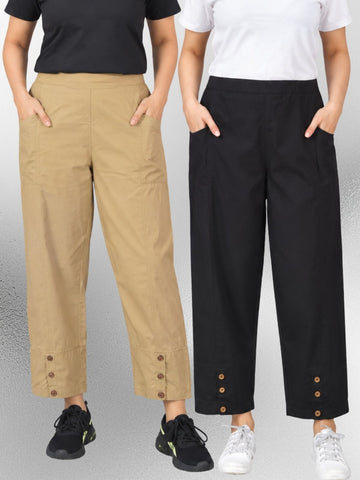Beige & Black Cotton Straight Cargo Pant Combo