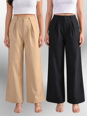 Beige & Black-Cotton Wide Leg Pants Combo