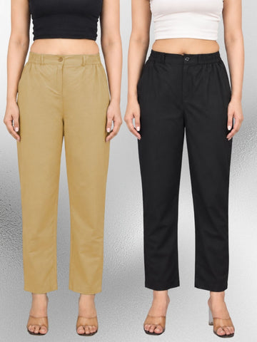 Beige & Black Regular Fit Cotton Formal Trouser Combo
