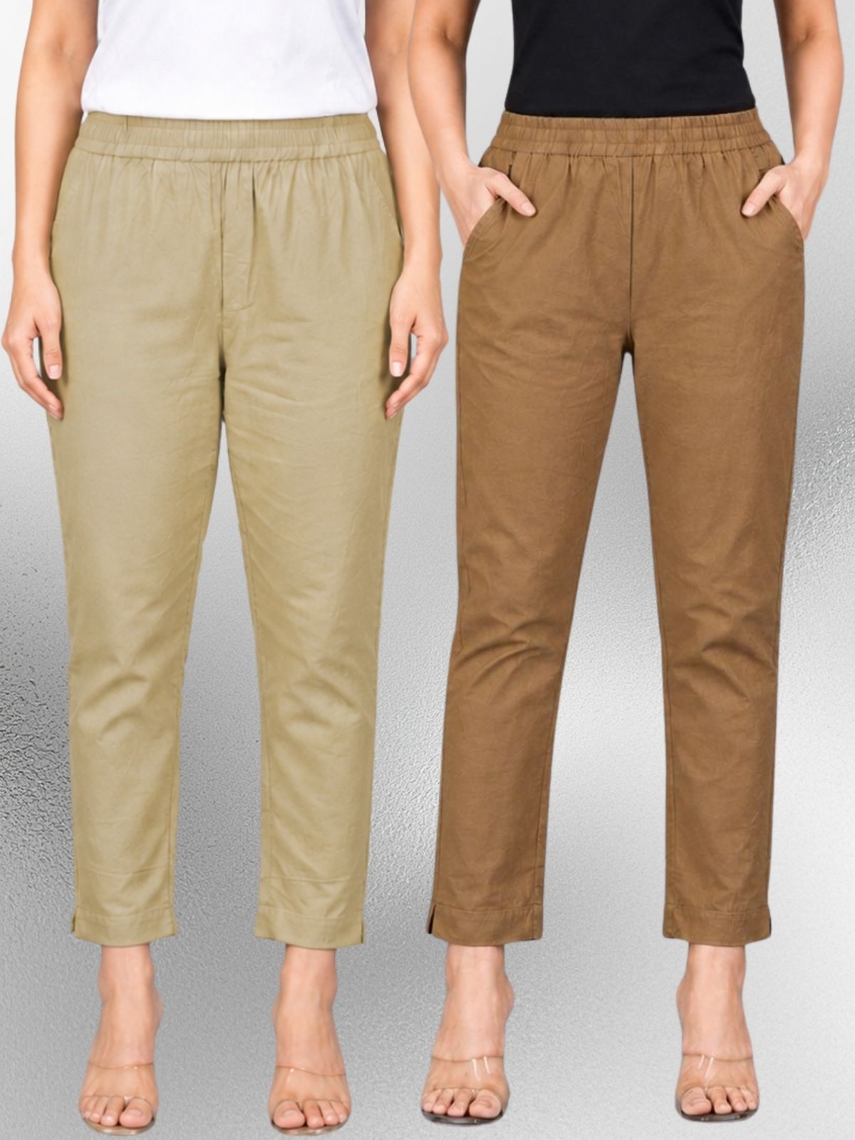 Beige & Brown Regular Fit Elastic Cotton Trouser Combo