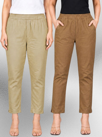 Beige & Brown Regular Fit Elastic Cotton Trouser Combo