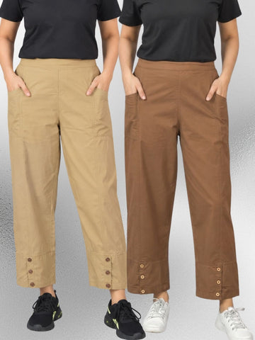 Beige & Brown Cotton Straight Cargo Pant Combo