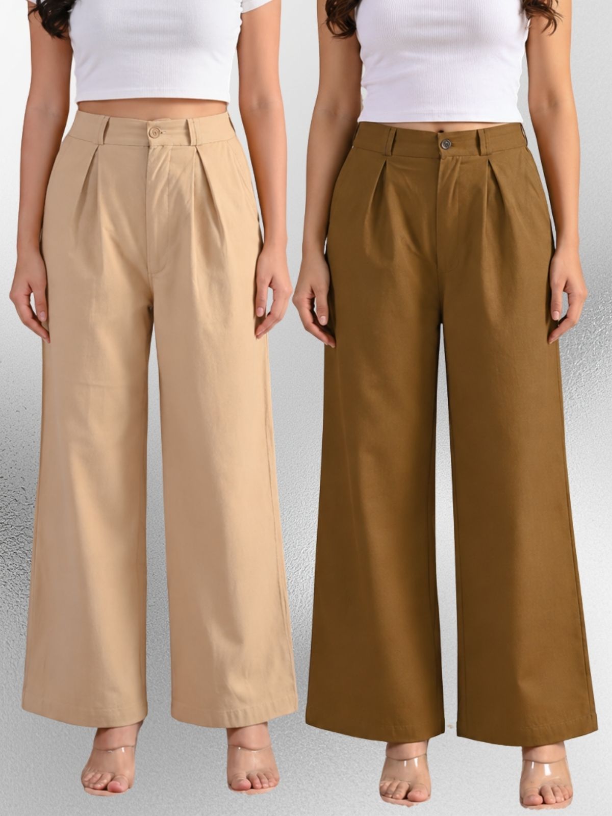 Beige & Brown-Cotton Wide Leg Pants Combo