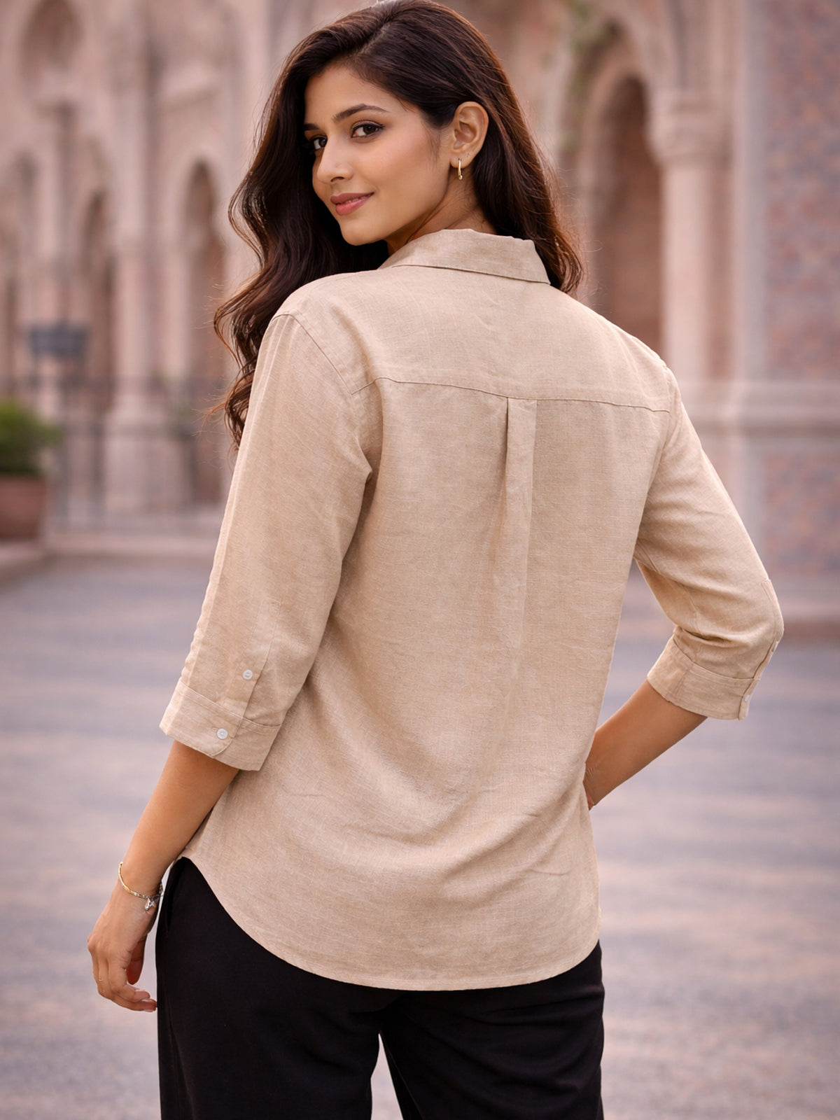 Beige Airy Linen Pleated Top