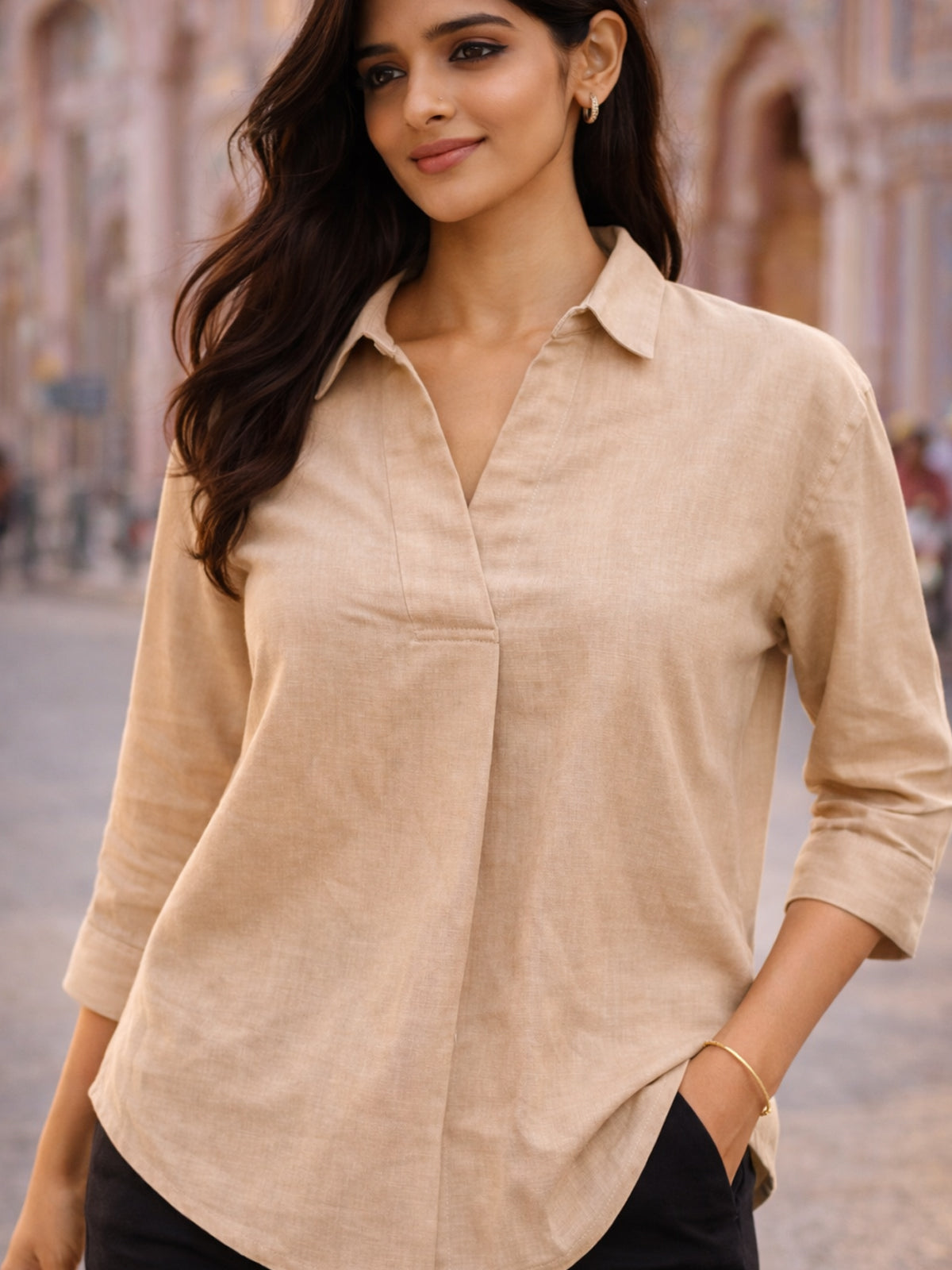 Beige Airy Linen Pleated Top