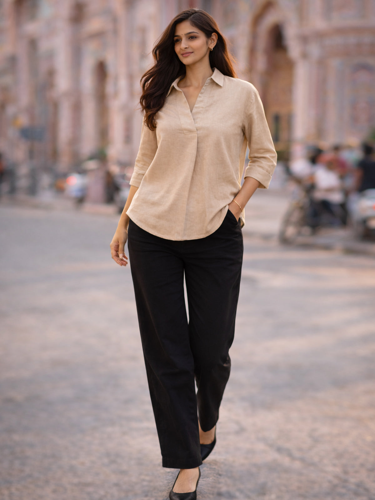 Beige Airy Linen Pleated Top