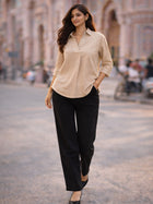 Beige Airy Linen Pleated Top