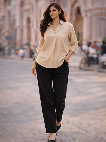 Beige Airy Linen Pleated Top