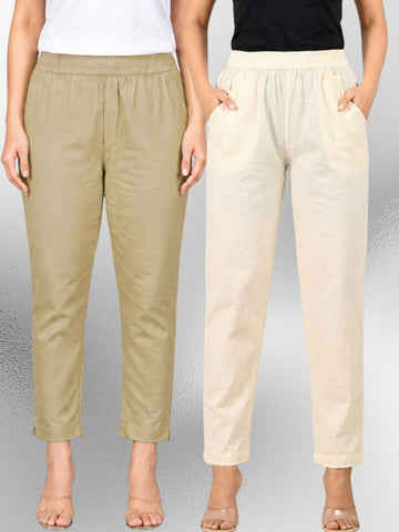 Beige & Cream Regular Fit Elastic Cotton Trouser Combo