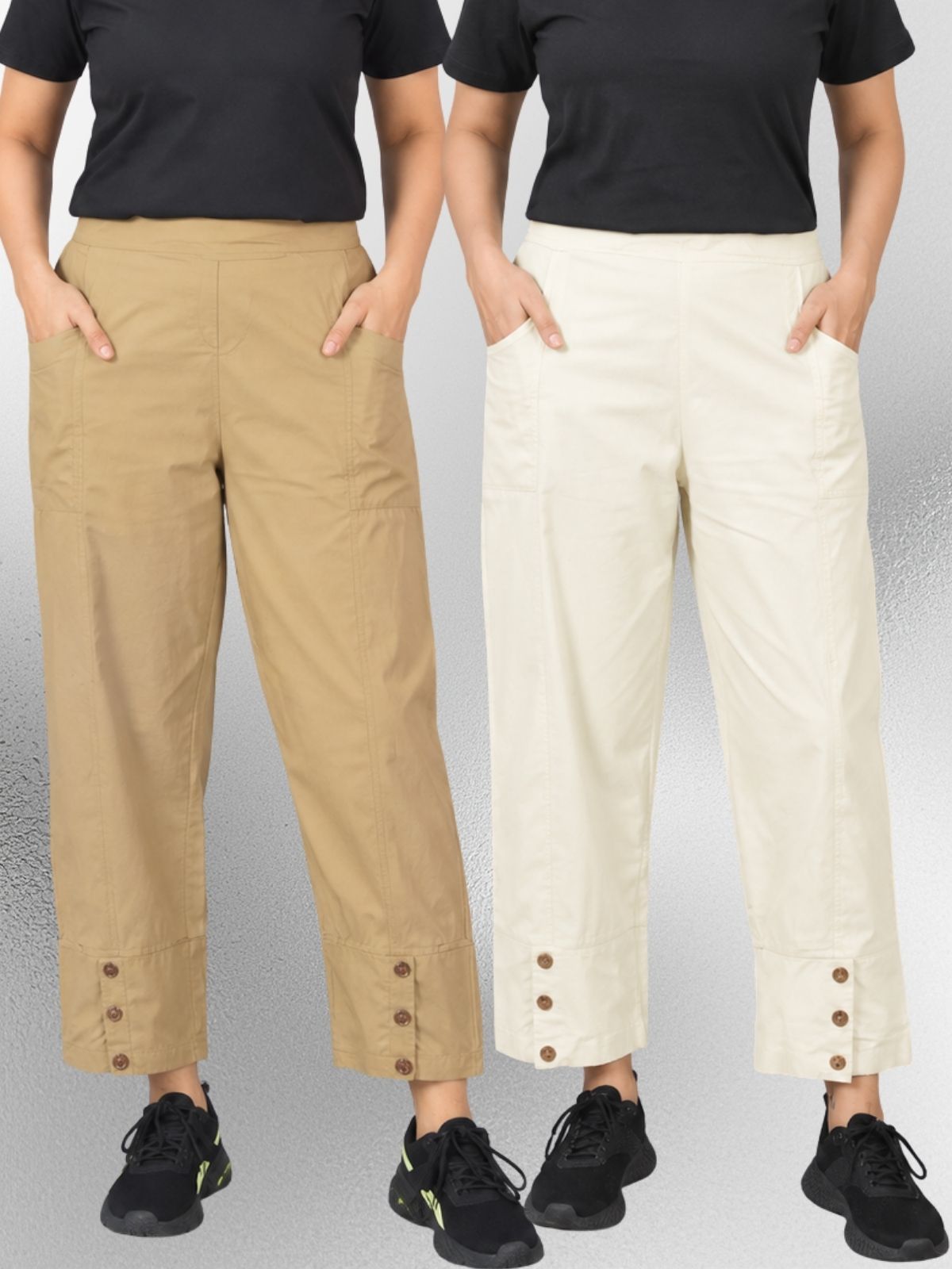 Beige & Cream Cotton Straight Cargo Pant Combo