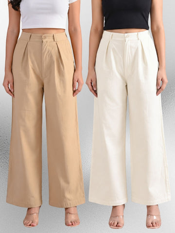 Beige & Cream-Cotton Wide Leg Pants Combo