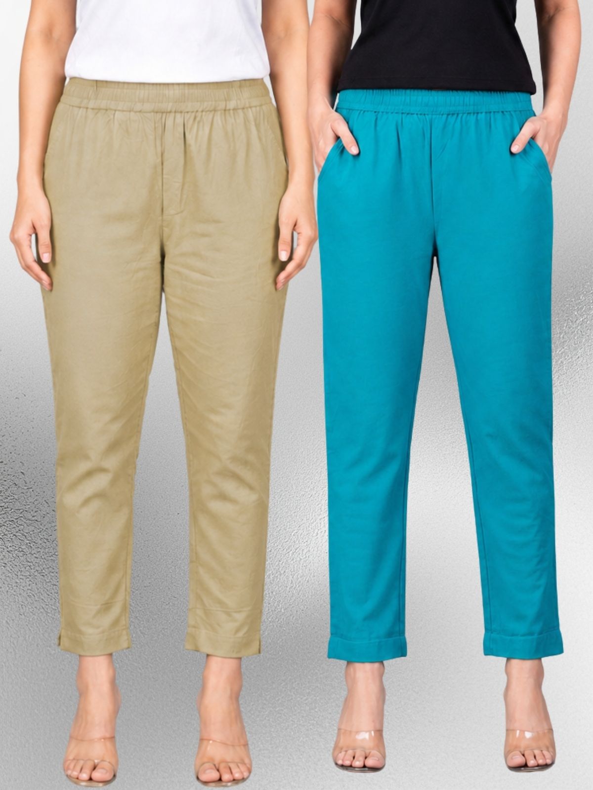 Beige & Cyan Regular Fit Elastic Cotton Trouser Combo