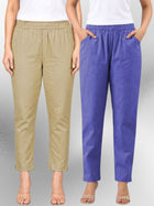 Beige & Denimblue Regular Fit Elastic Cotton Trouser Combo