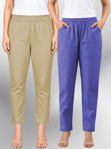 Beige & Denimblue Regular Fit Elastic Cotton Trouser Combo