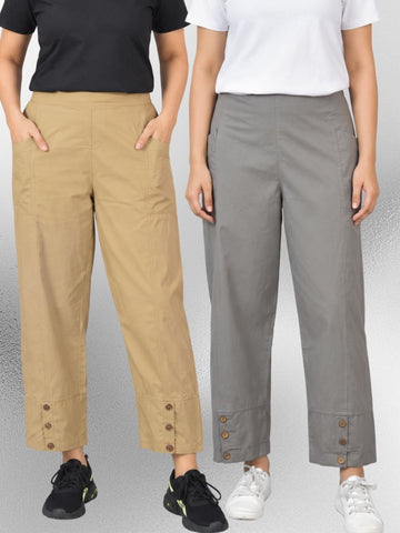 Beige & Grey Cotton Straight Cargo Pant Combo