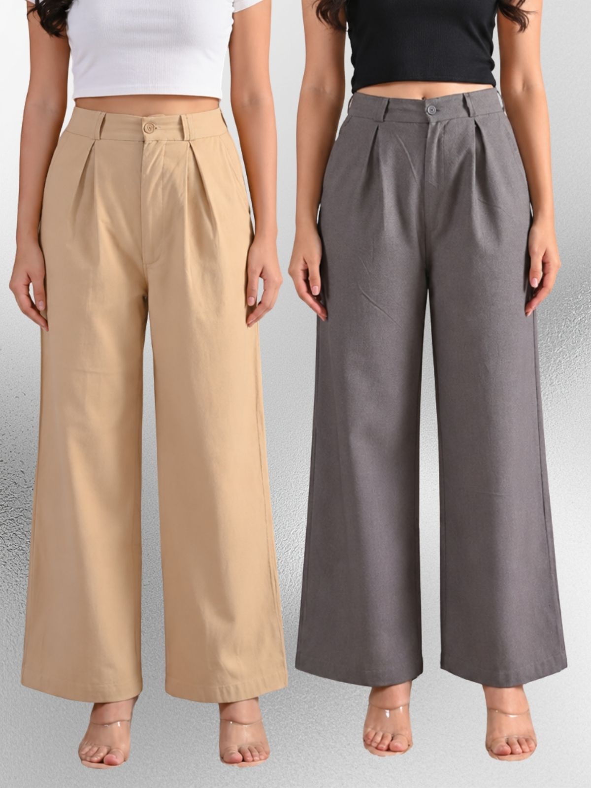 Beige & Grey-Cotton Wide Leg Pants Combo