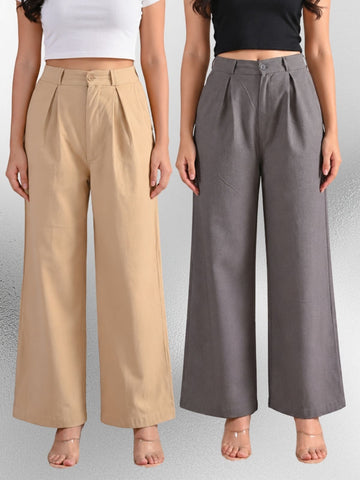 Beige & Grey-Cotton Wide Leg Pants Combo