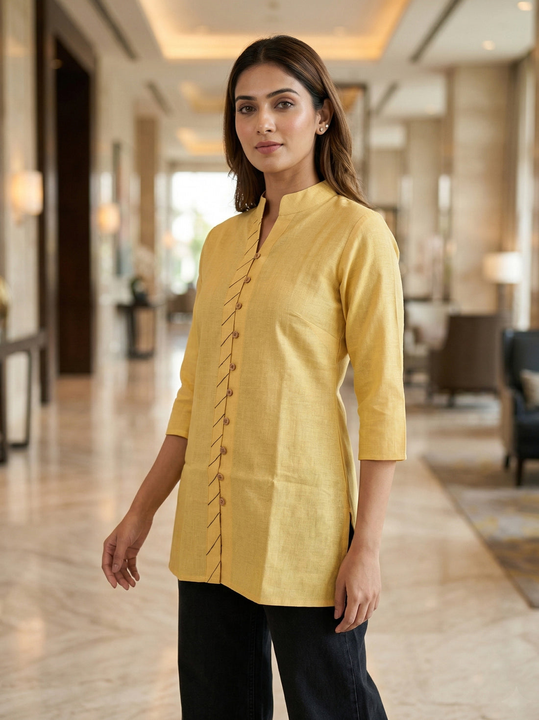 Beige Handloom Cotton Front-Slit Short Kurti