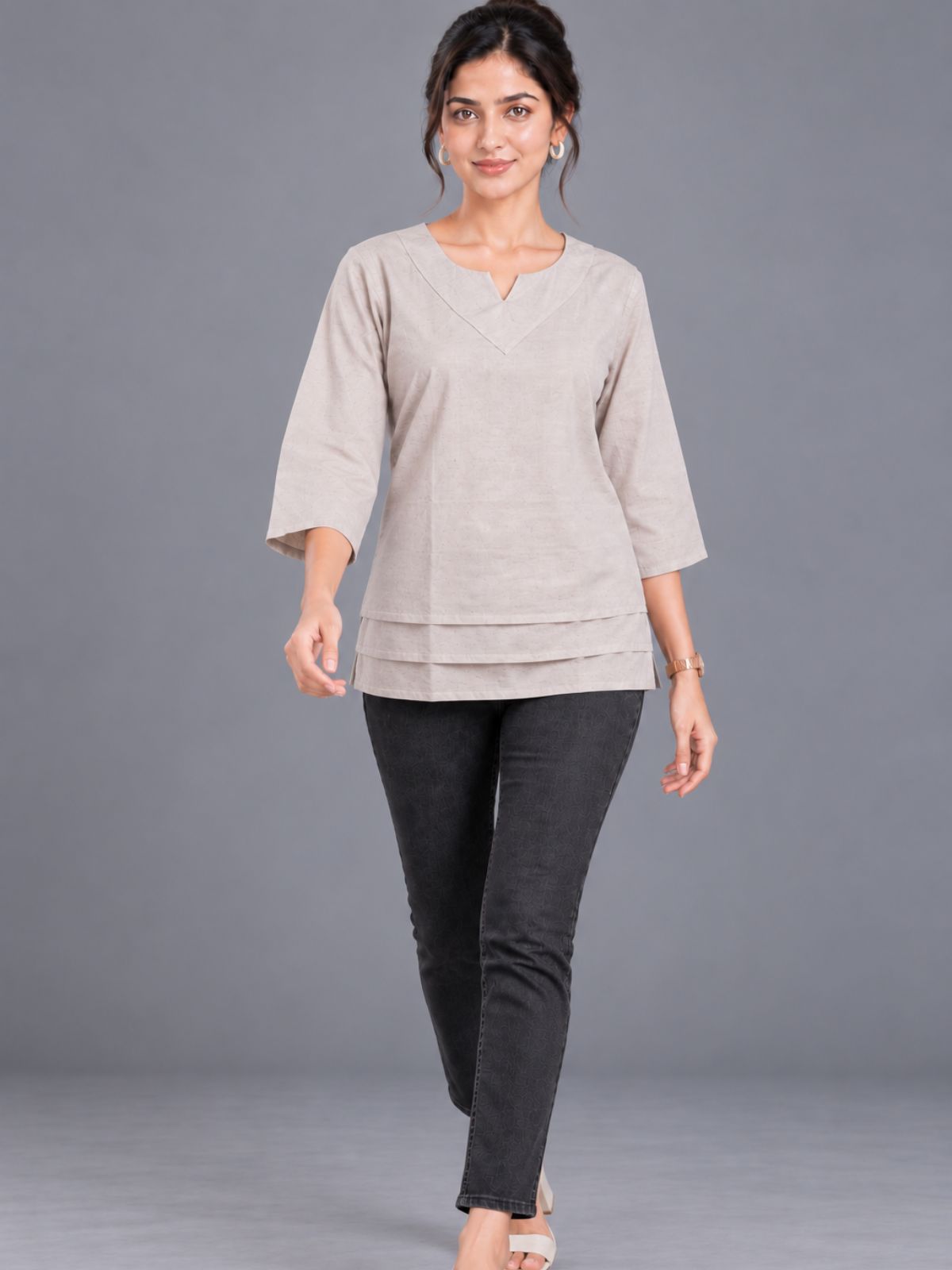 Beige Cotton Leared Tops