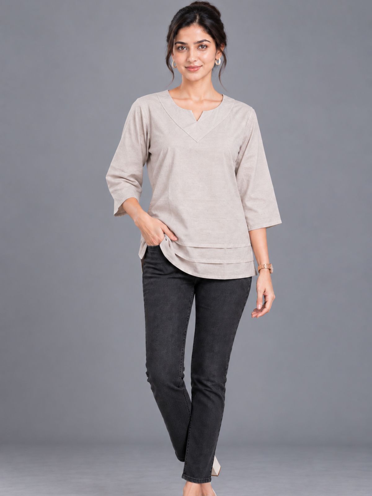 Beige Cotton Leared Tops