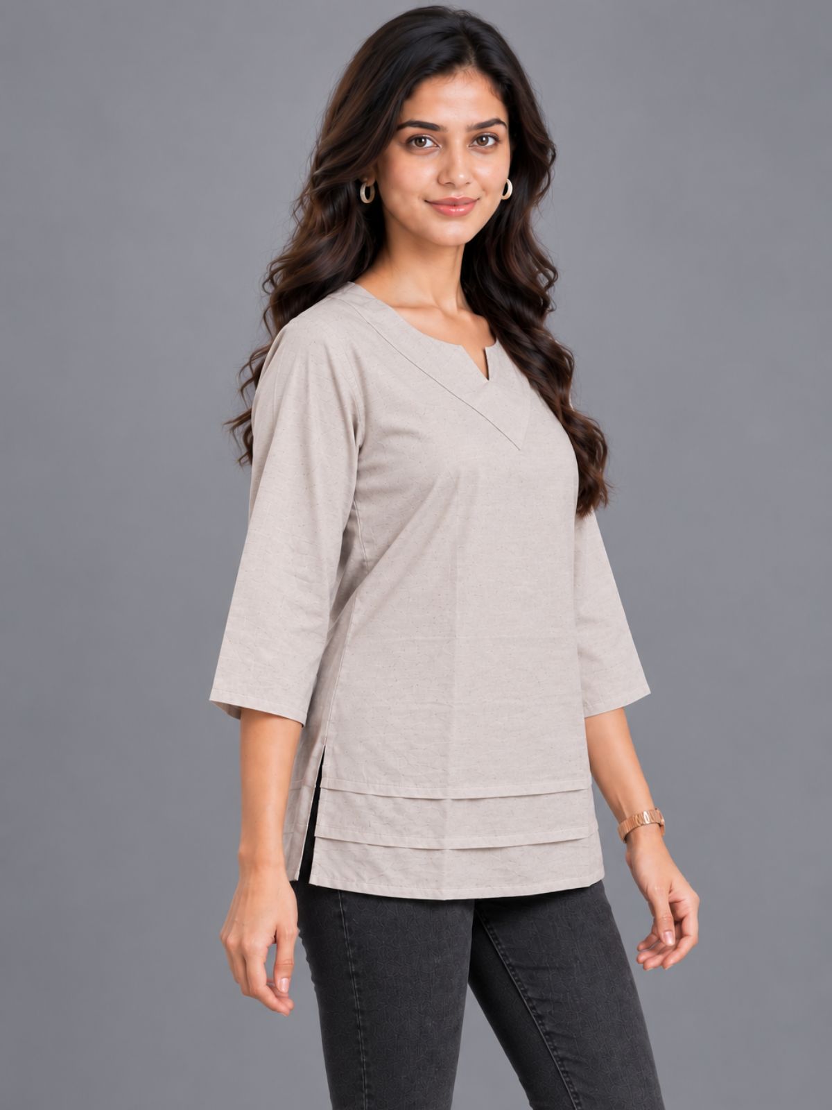 Beige Cotton Leared Tops
