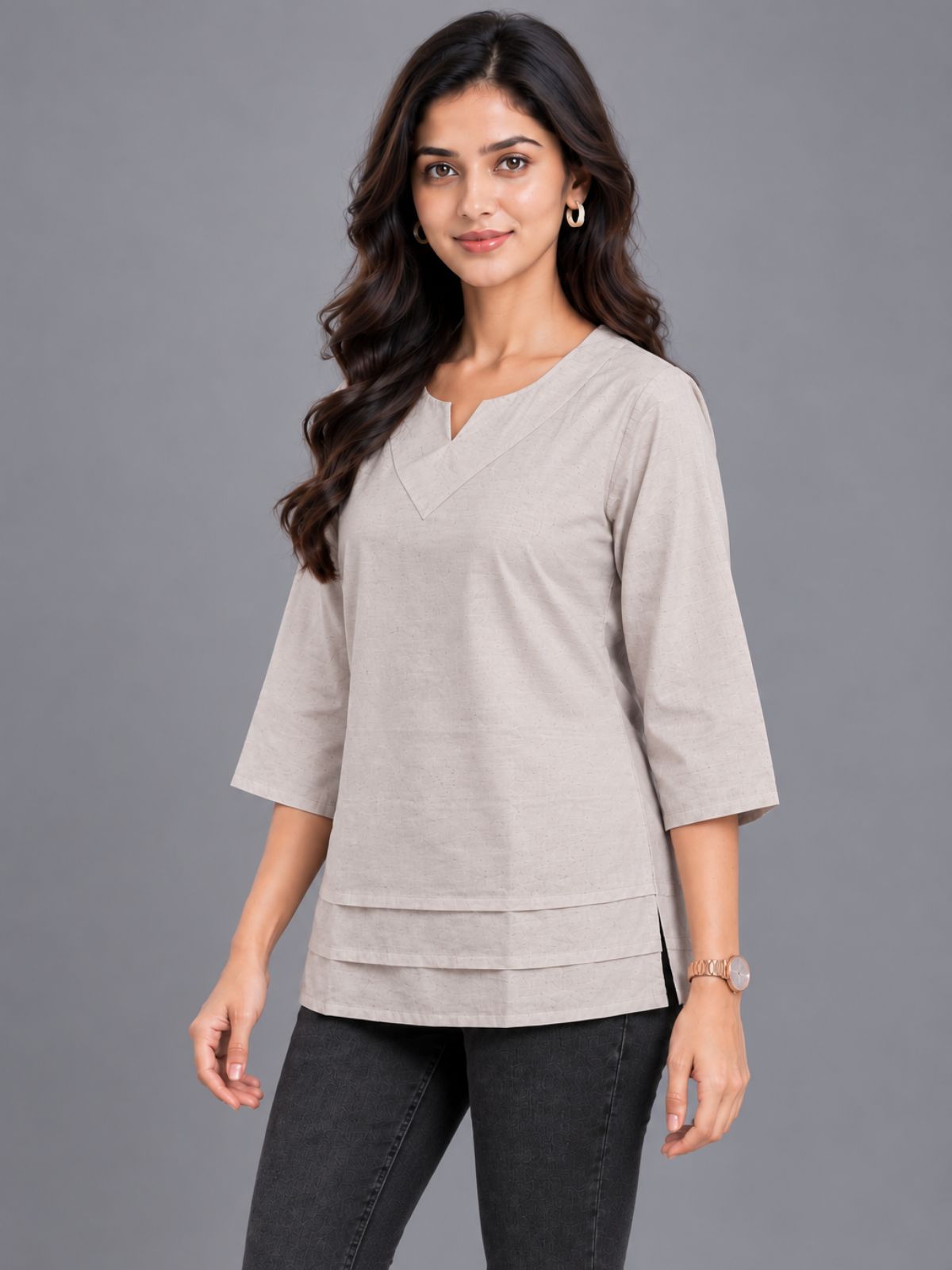 Beige Cotton Leared Tops