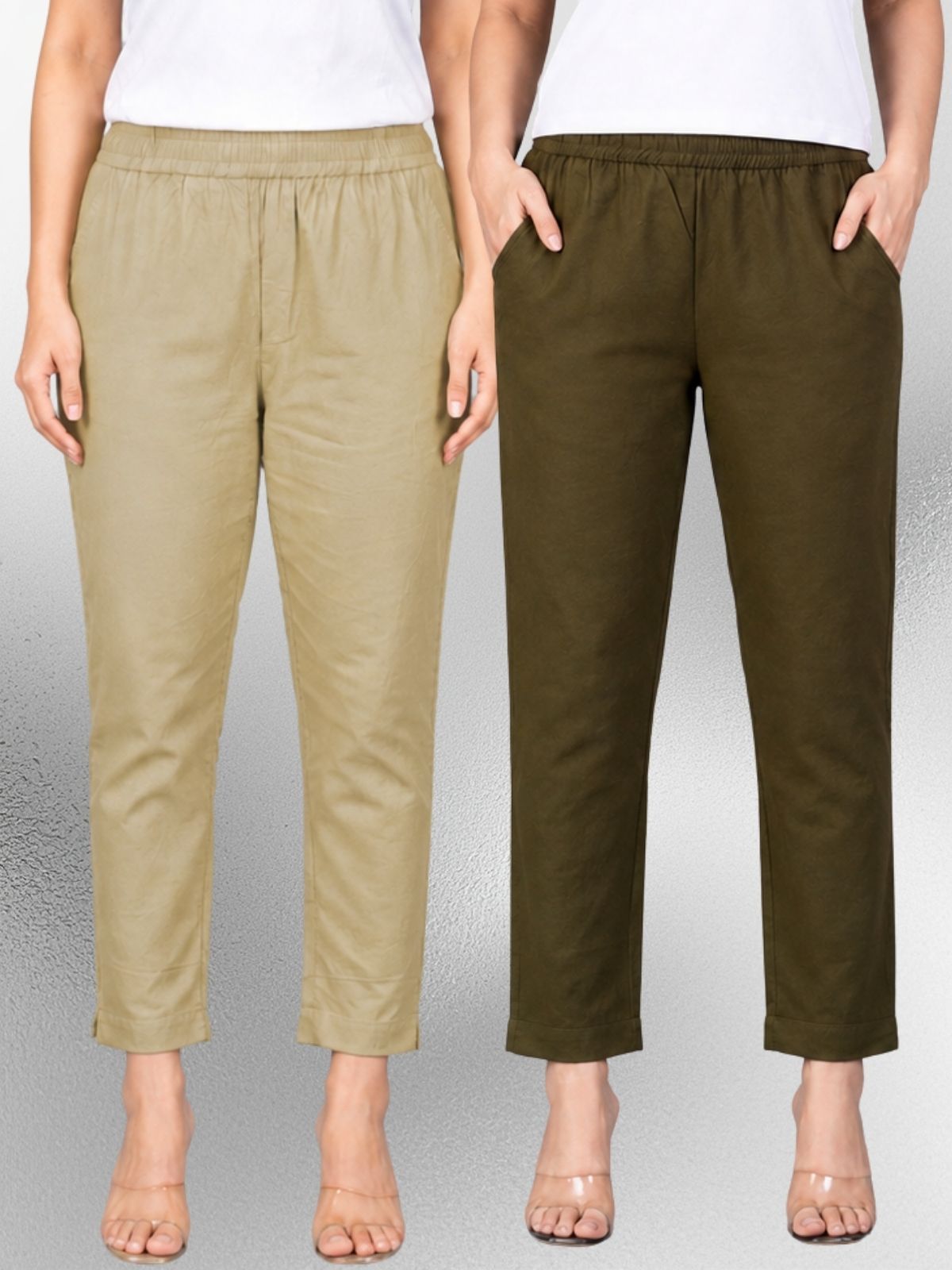 Beige & Mehendi Regular Fit Elastic Cotton Trouser Combo