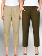 Beige & Mehendi Regular Fit Elastic Cotton Trouser Combo