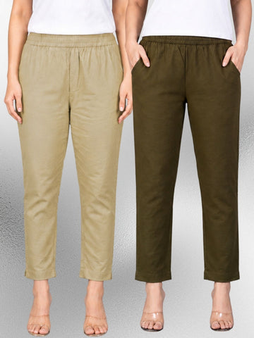Beige & Mehendi Regular Fit Elastic Cotton Trouser Combo