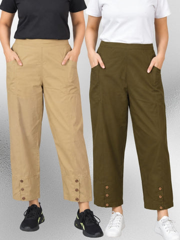 Beige & Mehndi Cotton Straight Cargo Pant Combo