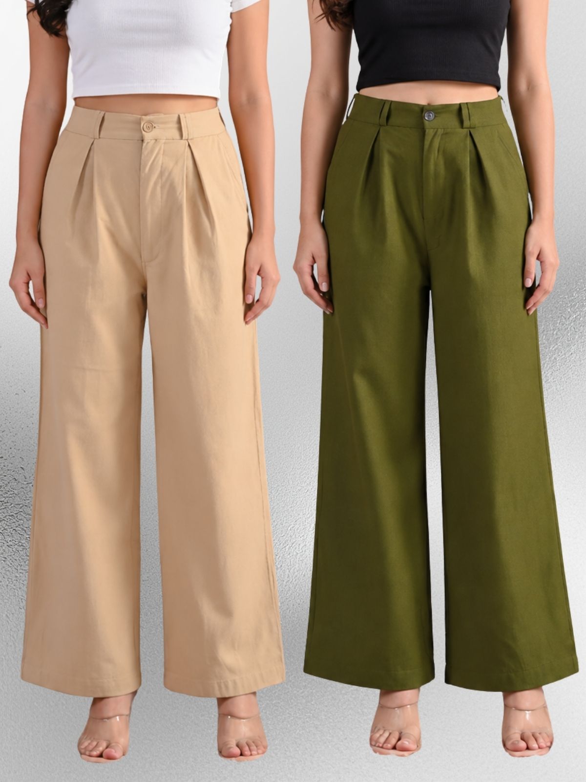 Beige & Mehndi-Cotton Wide Leg Pants Combo