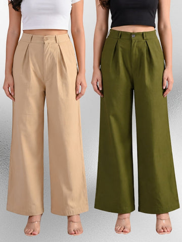 Beige & Mehndi-Cotton Wide Leg Pants Combo