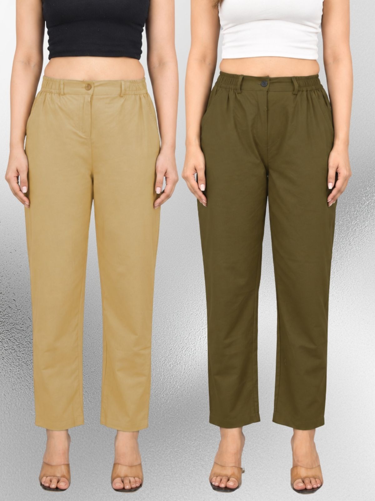 Beige & Mehndi Regular Fit Cotton Formal Trouser Combo
