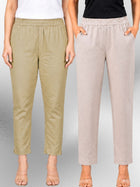 Beige & Melange Regular Fit Elastic Cotton Trouser Combo