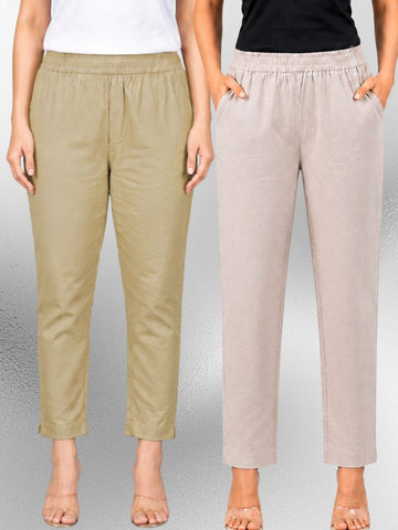 Beige & Melange Regular Fit Elastic Cotton Trouser Combo